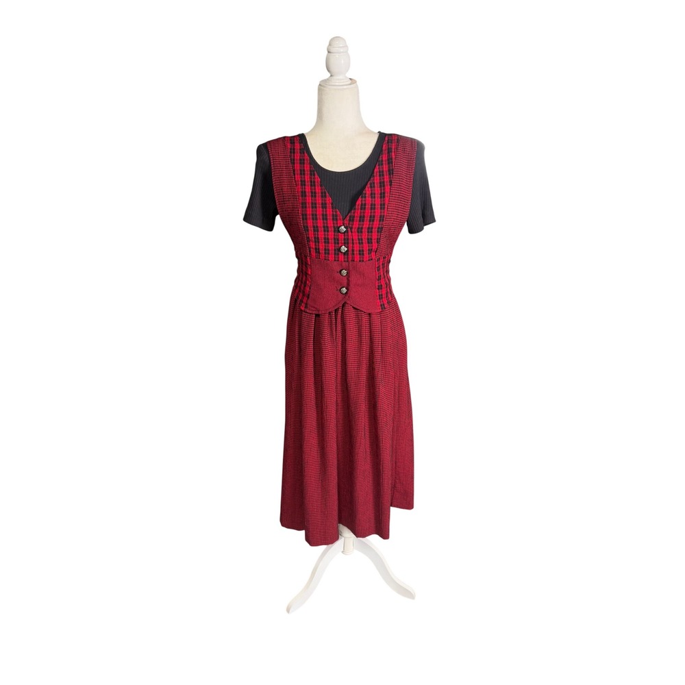 Miss Dorby Petites Vintage 90s Red Black Plaid Mock Layer Midi‎ Dress 6P